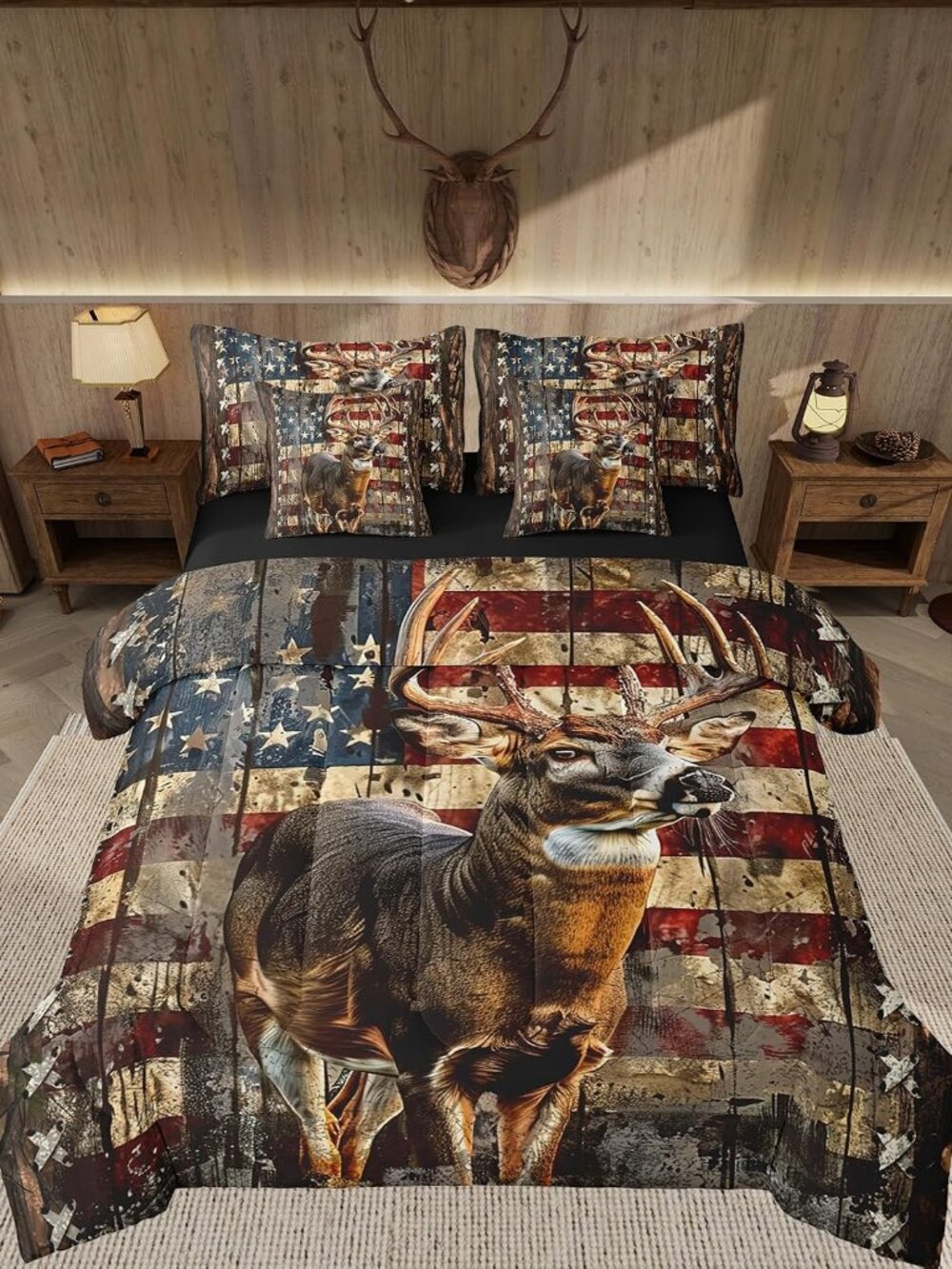Deer Hunting Comforter Set with Sheets American Flag 7 Piece Bedding Set Full Si